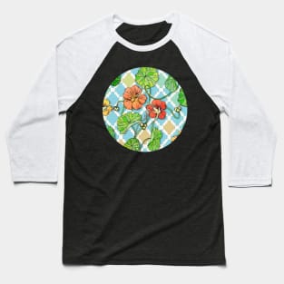 Climbing Nasturtiums on Blue and White Baseball T-Shirt